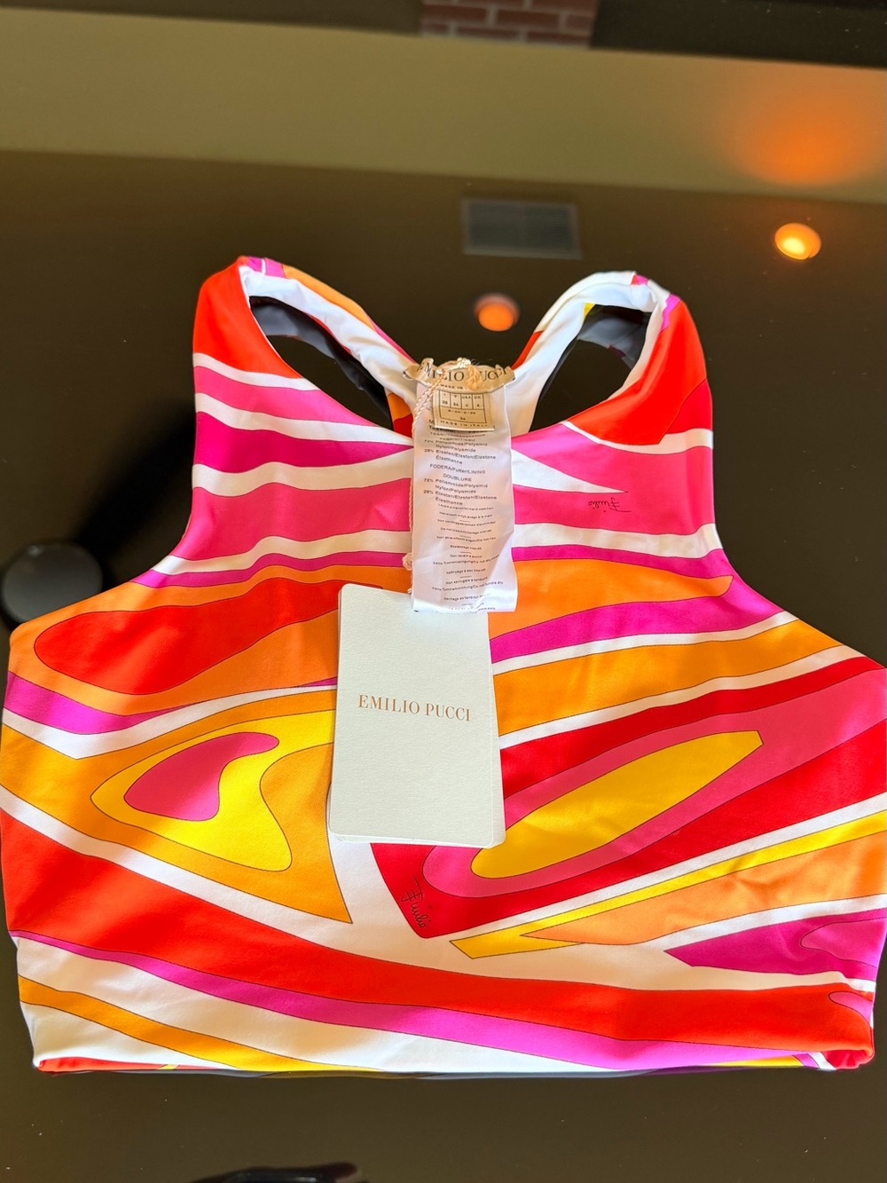 EMILIO PUCCI - Pink Orange Yellow Swirl Racerback Crop Top